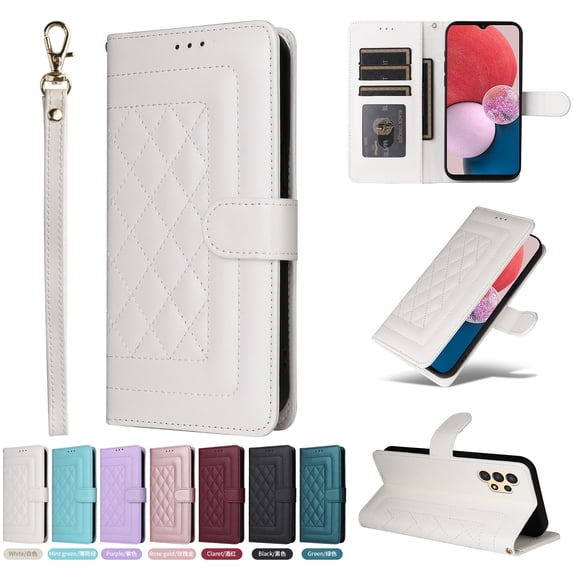 Compatible with Samsung Galaxy A32 4G Case, Premium Leather Wallet Book Case Magnetic Flip RFID Blocking Credit Card Holder Kickstand with Wrist Strap Shock Absorbing Case, White