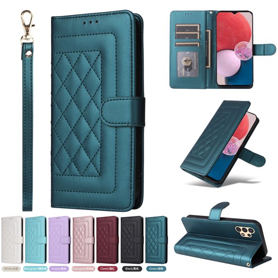 Compatible with Samsung Galaxy A32 4G Case, Premium Leather Wallet Book Case Magnetic Flip RFID Blocking Credit Card Holder Kickstand with Wrist Strap Shock Absorbing Case, Darkgreen