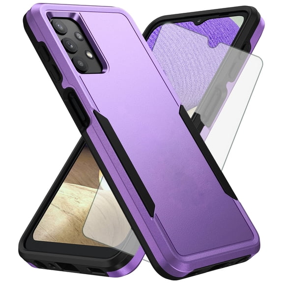 Compatible with Samsung Galaxy A32 5G 2021 6.5 inch Phone Case Tempered Glass Screen Protector Hybrid Rugged Shockproof Hard Protective Drop Proof Full Body Heavy Duty Mobile Cell Cover for Purple