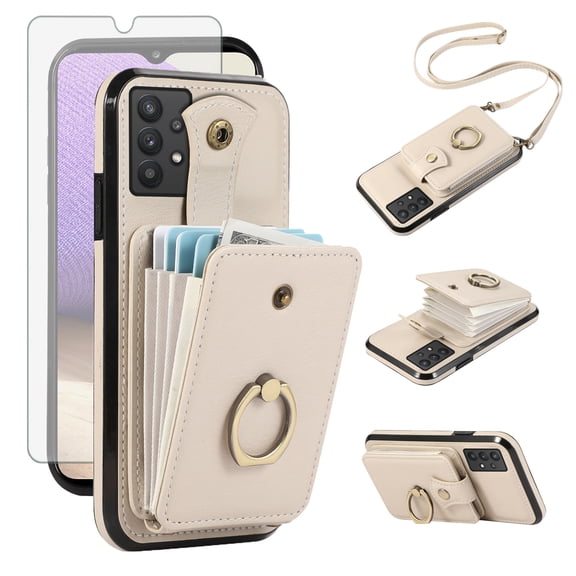 Compatible with Samsung Galaxy A32 5G 2021 6.5 inch Wallet Phone Case Screen Protector Ring Crossbody Strap Stand Credit Card Holder RFID Cell Cover for M32 G5 A 32 32A S32 SM-A326U Women Girls Beige