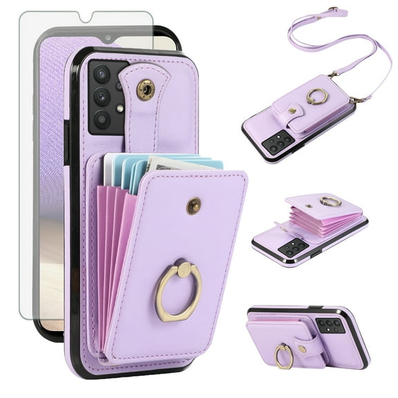 Compatible with Samsung Galaxy A32 5G 2021 6.5 inch Wallet Phone Case Screen Protector Ring Crossbody Strap Stand Credit Card Holder RFID Cell Cover for M32 G5 A 32 32A SM-A326U Women Girls Purple