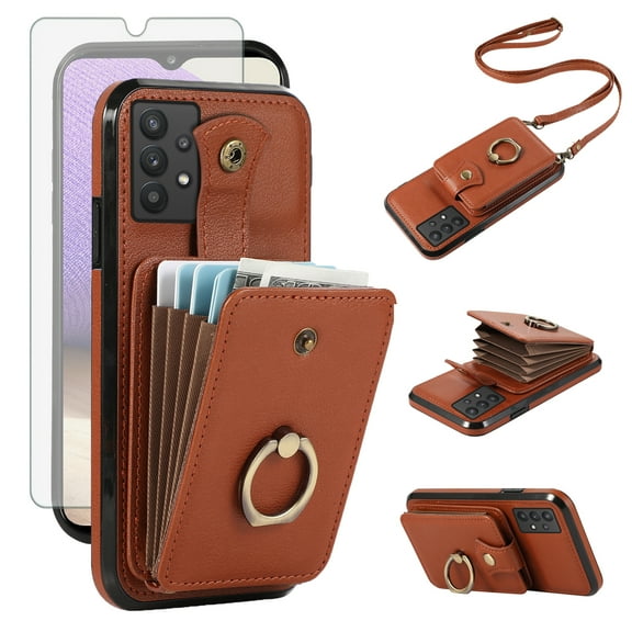 Compatible with Samsung Galaxy A32 5G 2021 6.5 inch Wallet Phone Case Screen Protector Ring Crossbody Strap Stand Credit Card Holder RFID Cell Cover for M32 G5 A 32 32A S32 SM-A326U Women Girls Brown