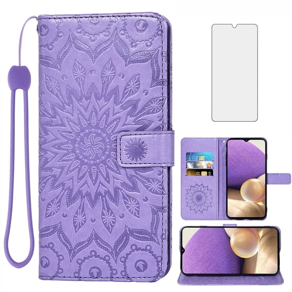 Compatible with Samsung Galaxy A32 5G 2021 6.5 inch Wallet Phone Case and Tempered Glass Screen Protector Flip Credit Card Holder Stand Flower Cell Cover for M32 G5 A 32 32A S32 SM-A326U A326U Purple