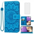 thumbnail image 1 of Compatible with Samsung Galaxy A32 5G 2021 6.5 inch Wallet Phone Case and Tempered Glass Screen Protector Flip Credit Card Holder Stand Flower Cell Cover for M32 G5 A 32 32A S32 SM-A326U A326U Blue, 1 of 9