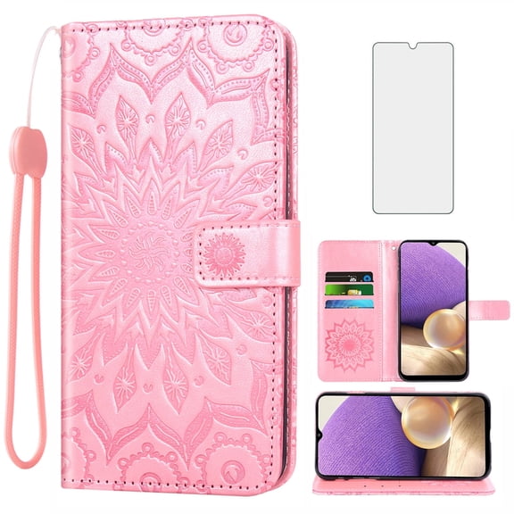 Compatible with Samsung Galaxy A32 5G 2021 6.5 inch Wallet Phone Case and Tempered Glass Screen Protector Flip Credit Card Holder Stand Flower Cell Cover for M32 G5 A 32 32A S32 SM-A326U A326U Pink