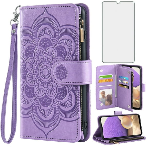 Compatible with Samsung Galaxy A32 5G 2021 6.5 inch Wallet Phone Case and Tempered Glass Screen Protector Flower Faux Leather Flip Credit Card Holder Stand Zipper Cell Cover for M32 SM-A326U Purple