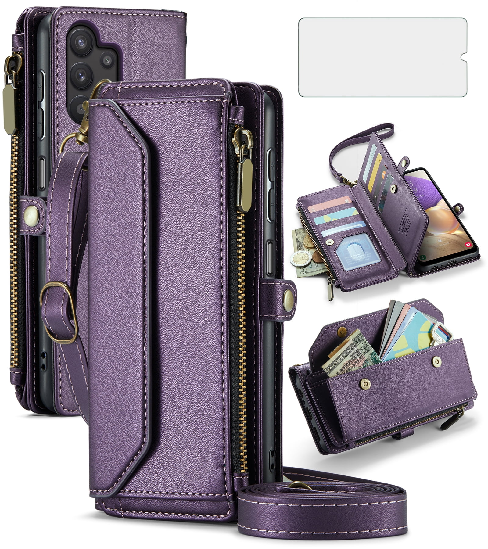 Compatible with Samsung Galaxy A32 5G 2021 6.5 inch Zipper Wallet Phone Case Tempered Glass Screen Protector Crossbody Lanyard Strap Flip Card Holder Slot Cell Cover for M32 G5 A 32 32A Women Purple