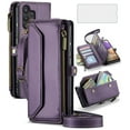 thumbnail image 1 of Compatible with Samsung Galaxy A32 5G 2021 6.5 inch Zipper Wallet Phone Case Tempered Glass Screen Protector Crossbody Lanyard Strap Flip Card Holder Slot Cell Cover for M32 G5 A 32 32A Women Purple, 1 of 9