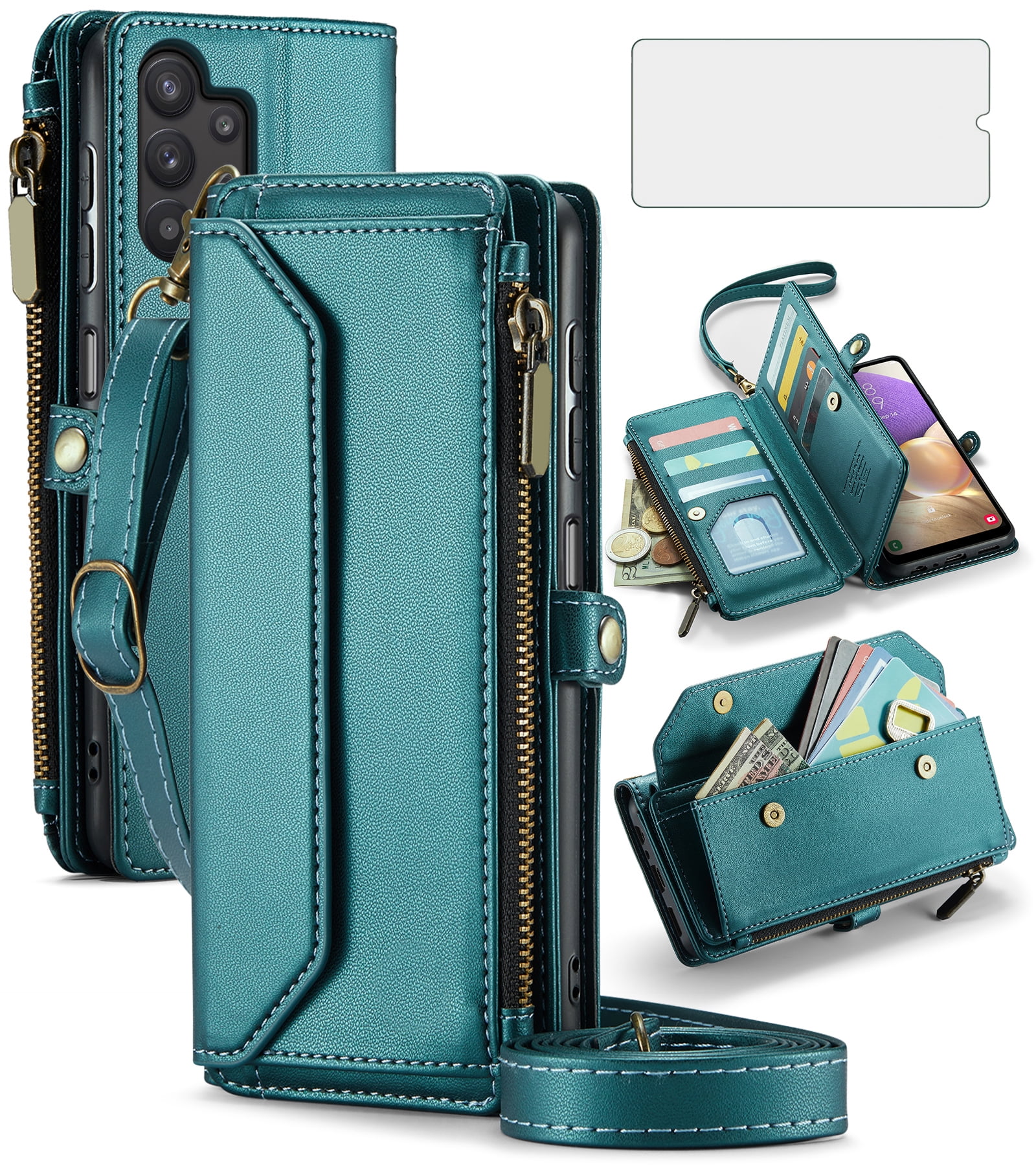 Compatible with Samsung Galaxy A32 5G 2021 6.5 inch Zipper Wallet Phone Case Tempered Glass Screen Protector Crossbody Lanyard Strap Flip Card Holder Slot Cell Cover for M32 G5 A 32 32A Women Green