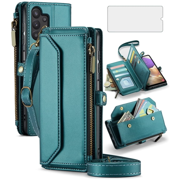 Compatible with Samsung Galaxy A32 5G 2021 6.5 inch Zipper Wallet Phone Case Tempered Glass Screen Protector Crossbody Lanyard Strap Flip Card Holder Slot Cell Cover for M32 G5 A 32 32A Women Green