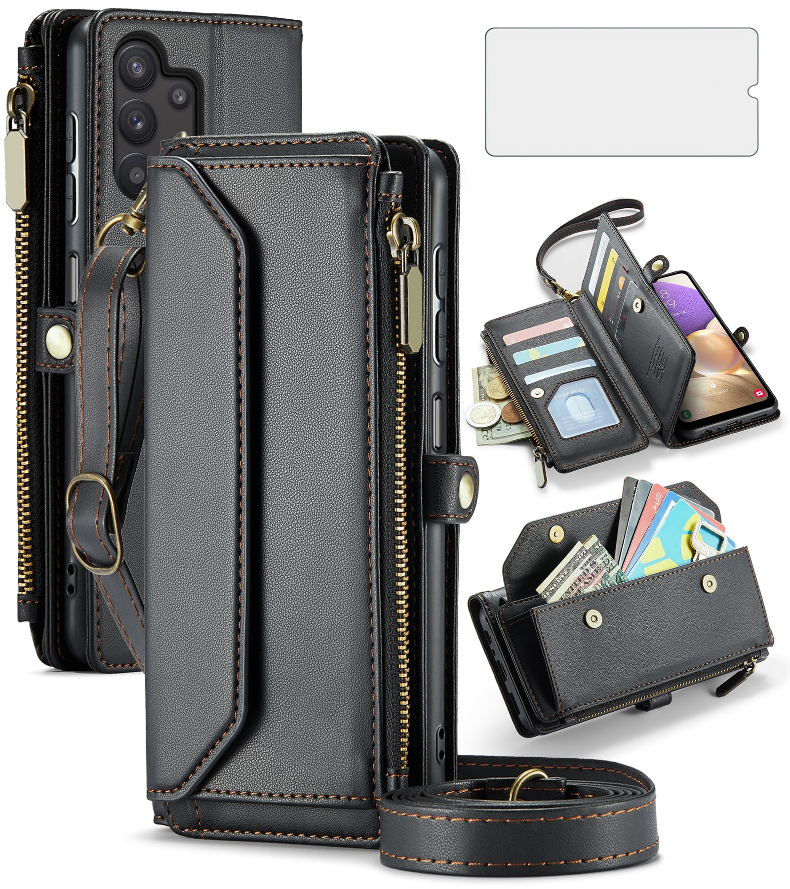 Compatible with Samsung Galaxy A32 5G 2021 6.5 inch Zipper Wallet Phone Case Tempered Glass Screen Protector Crossbody Lanyard Strap Flip Card Holder Slot Cell Cover for M32 G5 A 32 32A Women Black