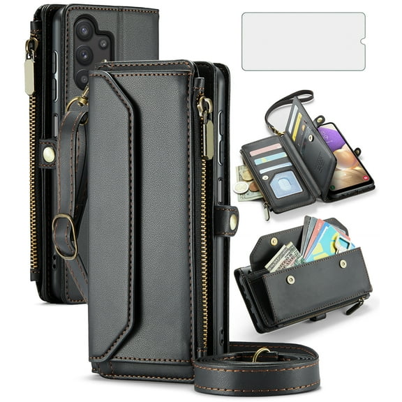 Compatible with Samsung Galaxy A32 5G 2021 6.5 inch Zipper Wallet Phone Case Tempered Glass Screen Protector Crossbody Lanyard Strap Flip Card Holder Slot Cell Cover for M32 G5 A 32 32A Women Black