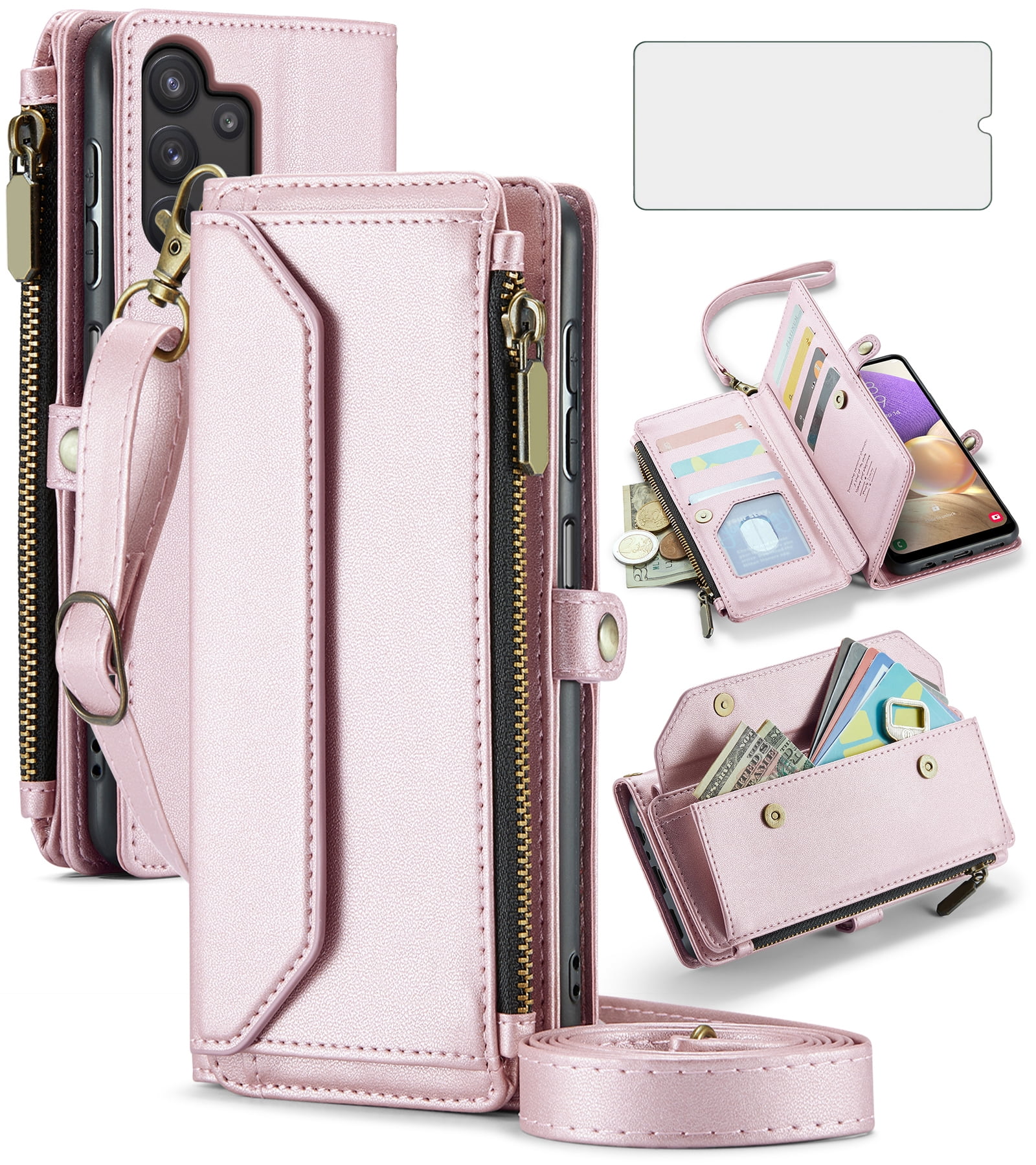 Compatible with Samsung Galaxy A32 5G 2021 6.5 inch Zipper Wallet Phone Case Tempered Glass Screen Protector Crossbody Lanyard Strap Flip Card Holder Slot Cell Cover for M32 A 32 32A Women Rose Gold
