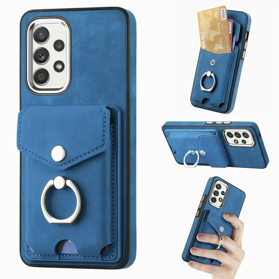Compatible with Samsung Galaxy A32 5G Card Slot Back Case, 360 Degree Rotatable Ring Stand Plating Button PU Leather Support Magnetic Car Mount Phone Case Cover for Samsung Galaxy A32 5G, Blue