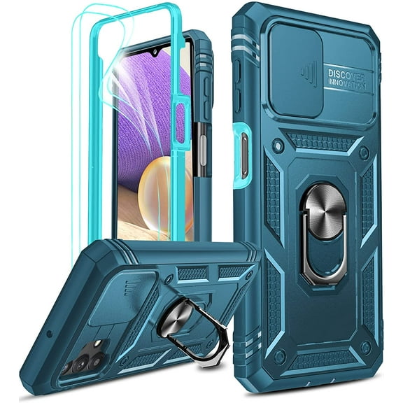 Compatible for Samsung Galaxy A32 5G Case: A32 5G Phone Case with Slide Camera Cover + [2 Pack] Tempered Glass Screen Protector, Full Body Shockproof Case with Kickstand for Galaxy A32 5G, Blue