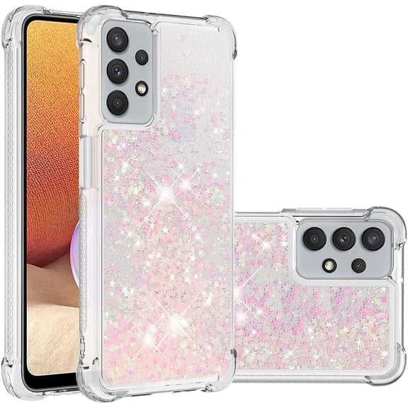Compatible with Samsung Galaxy A32 5G Case Glitter Liquid Cute Clear Phone Case Floating Quicksand Shockproof Protective Bumper Silicone TPU Case for Samsung Galaxy A32 5G Star Pink YB