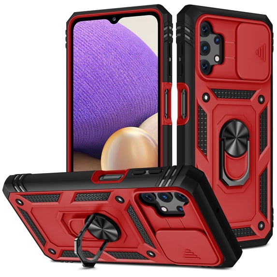 Compatible with Samsung Galaxy A32 5G with Sliding Cover Lens Protection & Kickstand, Built-in 360° Rotate Ring Stand Magnetic Card Slot Hybrid Cover Case for Samsung Galaxy A32 5G, Red+Black