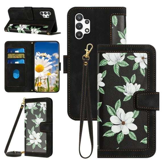 Compatible with Samsung Galaxy A32 5G Wallet Case for Women, Shoulder Strap + Wristband Premium PU Leather Floral Flip Cover with Card Holder Kickstand Feature Protective Purse Case, Black