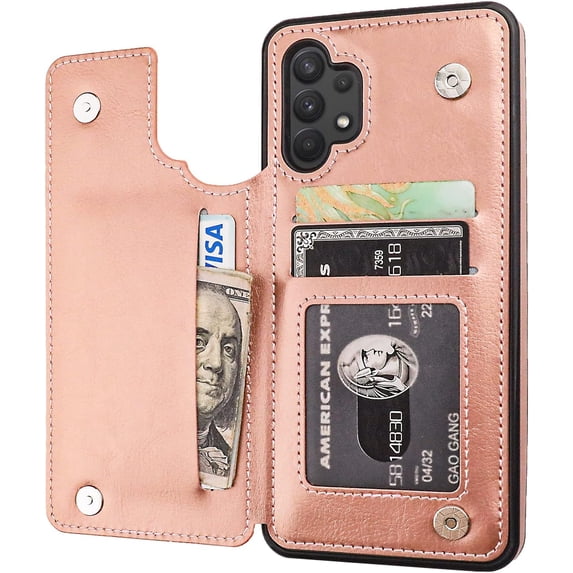 Compatible with Samsung Galaxy A32 Wallet Case with Card Holder, PU Leather Kickstand Card Slots Case, Double Magnetic Clasp and Durable Shockproof Cover 5G 6.5 Inch(Rose Gold)