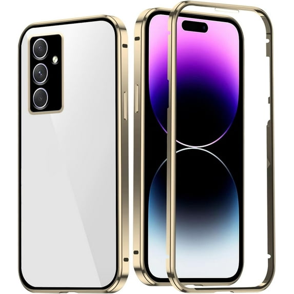 Compatible with Samsung Galaxy A34 5G Case with Built-in Privacy Glass Screen Protector, Ultra Slim Samsung A34 5G Phone Case Clear for Women Men Shockproof Protective Cover (Gold)