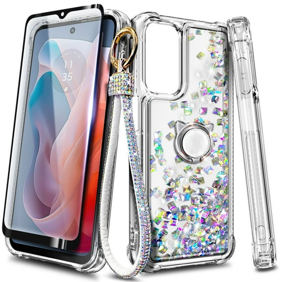 Compatible with Samsung Galaxy A35 5G Case with Tempered Glass Screen Protector, Ring Holder/Wrist Strap, Nagebee Glitter Liquid Floating Waterfall Cute Phone Cover (Clear Gem)