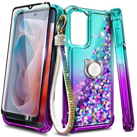 Compatible with Samsung Galaxy A35 5G Case with Tempered Glass Screen Protector, Ring Holder/Wrist Strap, Nagebee Glitter Liquid Floating Waterfall Cute Phone Cover (Aqua/Purple)