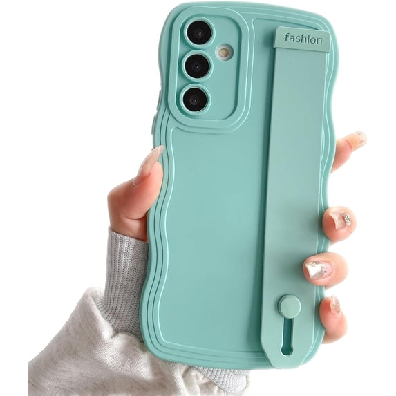 Compatible with Samsung Galaxy A35 5G Phone Case with Wrist Strap Kickstand Cute Solid Color Curly Wave Frame Case Women Camera Protection Soft Cover (Light Blue, Samsung Galaxy A35)