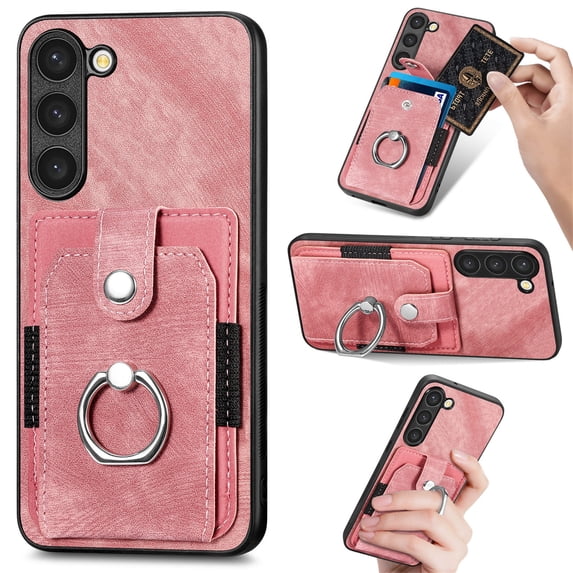 Compatible with Samsung Galaxy A35, Classic Card Slots 360 Rotating Finger Ring Kickstand PU Leather + TPU Frame Magnetic Closure Back Case Cover for Samsung Galaxy A35, Pink