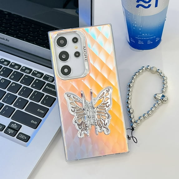 Compatible with Samsung Galaxy A35 Plating Frosted Case, with Colourful Laser Back and Butterfly Kickstand for Women Girls Cute Protective Phone Case Cover with Hand Chain Bracelet, E