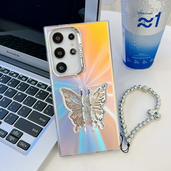 Compatible with Samsung Galaxy A35 Plating Frosted Case, with Colourful Laser Back and Butterfly Kickstand for Women Girls Cute Protective Phone Case Cover with Hand Chain Bracelet, B