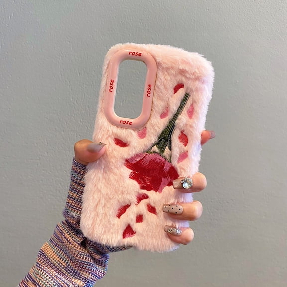 Compatible with Samsung Galaxy A35 Plush Case ,With Kickstand,for Women Girls Soft Warm Rose Petal Embroidery Fluffy Furry Winter Fur Shockproof Anti-fall Phone Case Cover,Pink
