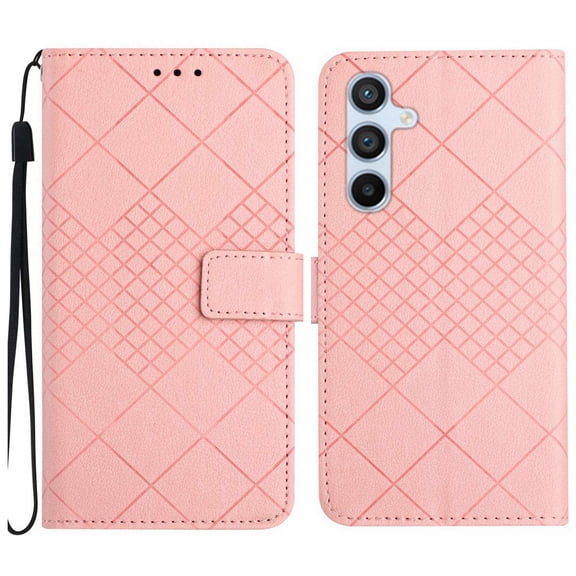 Compatible for Samsung Galaxy A35 Wallet Case Rhombus Skin Feel Strong Magnetic PU Leather Women Men Case with Card Holders Stand Flip Protective Cover with Wrist Strap,Pink