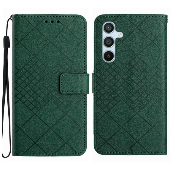 Compatible for Samsung Galaxy A35 Wallet Case Rhombus Skin Feel Strong Magnetic PU Leather Women Men Case with Card Holders Stand Flip Protective Cover with Wrist Strap,Green