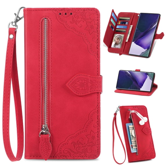 Compatible for Samsung Galaxy A35 Wallet Case for Women Girls with Card Holder - Retro Embossed Flower Zipper Wallet PU Leather Flip Cover with Detachable Wrist Hand Strap for Galaxy A35, Red