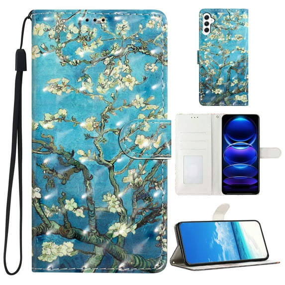 Compatible with Samsung Galaxy A35 Wallet Case for Women Girls, Pattern PU Leather Flip Cover with Card Holder and Kickstand Protective Phone Case with Lanyard for A35,Blue Apricot Flower