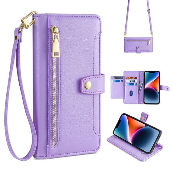 Compatible with Samsung Galaxy A35, Zipper Purse Shoulder Strap & Wrist Strap Card Slots Kickstand PU Leather Wallet Case Rugged Magnetic Closure for Samsung Galaxy A35, Purple