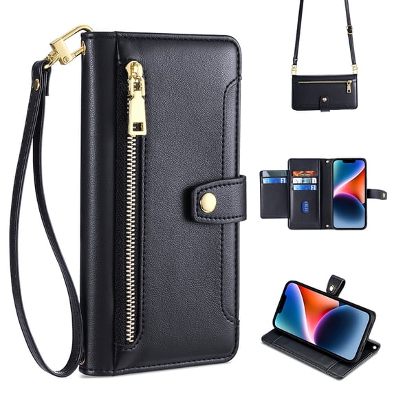 Compatible with Samsung Galaxy A35, Zipper Purse Shoulder Strap & Wrist Strap Card Slots Kickstand PU Leather Wallet Case Rugged Magnetic Closure for Samsung Galaxy A35, Black