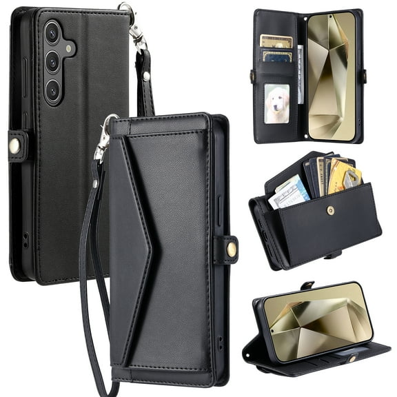 Compatible with Samsung Galaxy A36 5G Envelope Style Wallet Case, with Wrist Strap and Crossbody Strap, Flip Card Holder Stand Rugged Cell Phone Cover for Samsung Galaxy A36 5G Women Men - Black