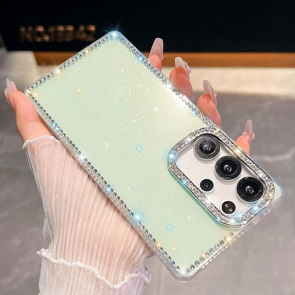Compatible with Samsung Galaxy A36 5G Glitter Phone Case,Cute Luxury Bling Sparkly Crystal Diamond Rhinestones Frame&Camera Ring,Shockproof Anti-fall Rugged Women Girls Slim Phone Case,Light Green