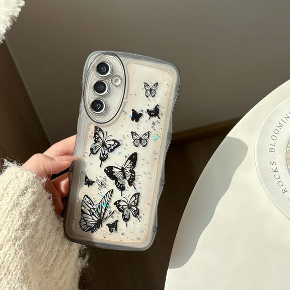 Compatible with Samsung Galaxy A36 5G Phone Case,Glitter Bling Shiny Star Sequin Butterfly Printing,Matte Cute Curly Wavy Frame,Shockproof Anti-fall Soft TPU Aesthetic Clear Phone Case,Black