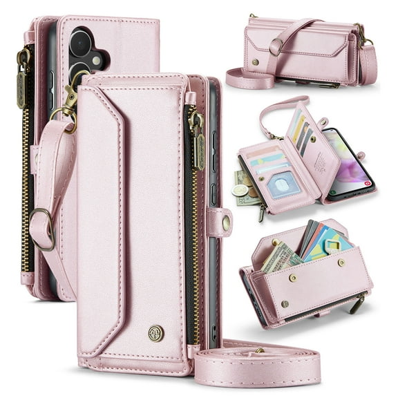 Compatible with Samsung Galaxy A36 5G Wallet Case, 10 Card Slots & 1 Zipper Coin Pocket & 1 Cash Slot & 1 Cash Pocket & Lanyard & Crossbody Strap & Kickstand & RFID Blocking Phone Case, Pink