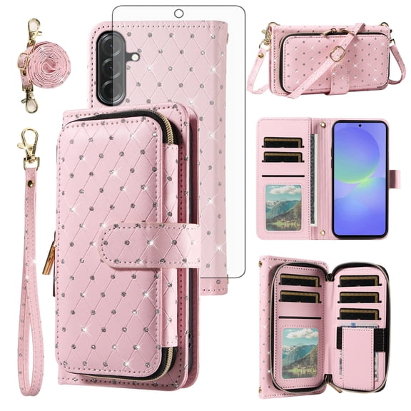 Compatible with Samsung Galaxy A36 5G Wallet Phone Case Tempered Glass Screen Protector Bling Glitter Crossbody Lanyard Strap Flip Zipper Purse Card Holder Cell Cover for A 36 36A SM-A366U Women Pink