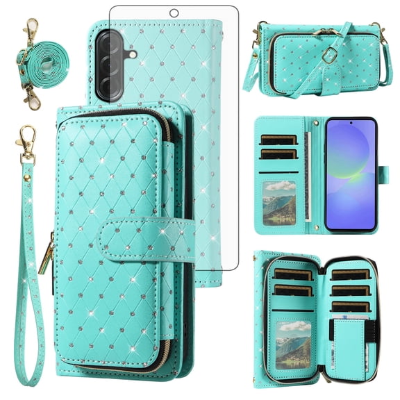 Compatible with Samsung Galaxy A36 5G Wallet Phone Case Tempered Glass Screen Protector Bling Glitter Crossbody Lanyard Strap Flip Zipper Purse Card Holder Cell Cover for A 36 36A SMA366U Women Green