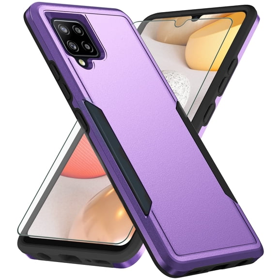 Compatible with Samsung Galaxy A42 5G Phone Case Tempered Glass Screen Protector Hybrid Rugged Shockproof Hard Protective Drop Proof Full Body Heavy Duty Mobile Cell Cover for A 42 4G 42A S42 Purple