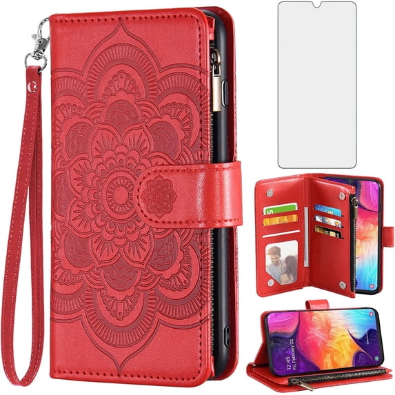 Compatible with Samsung Galaxy A50 A50S A30S Wallet Case and Tempered Glass Screen Protector Flip Card Holder Stand Cell Phone Cover for Glaxay A 50 50S 30S Gaxaly S50 50A SM A505G Women Red