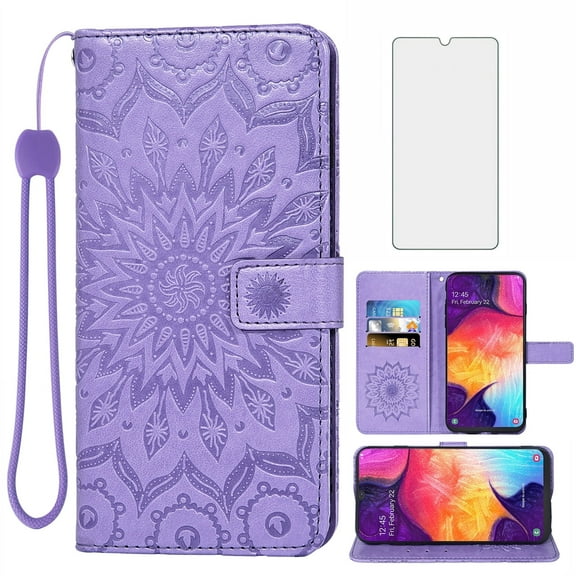 Compatible with Samsung Galaxy A50 A50S A30S Wallet Phone Case and Tempered Glass Screen Protector Flip Credit Card Holder Stand Mandala Flower Cell Cover for A 50 50S 30S S50 50A SM A505G Purple