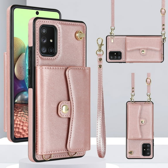Compatible with Samsung Galaxy A51 4G Crossbody Wallet Case with Card Holder for Women,Phone Case RFID Blocking PU Leather Handbag Flip Cover with Large Capacity Card Slots Wrist Strap,Rosegold