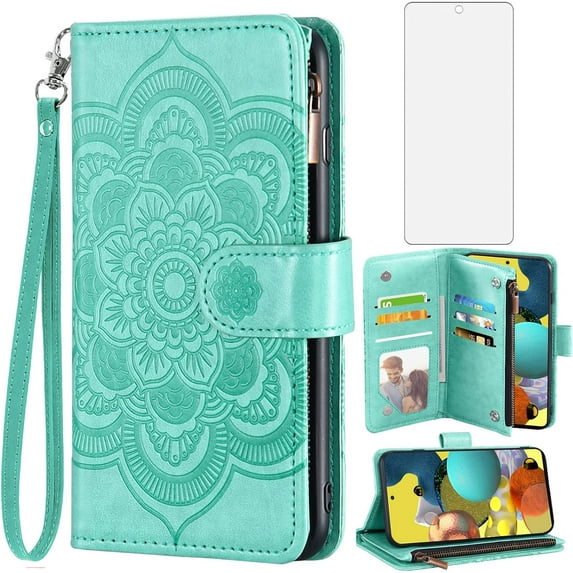 Compatible with Samsung Galaxy A51 5G/A 51 5G UW Verizon Wallet Case and Tempered Glass Screen Protector Flip Credit Card Holder Cell Phone Cover for Glaxay 51A G5 Gaxaly S51 Women Men Green
