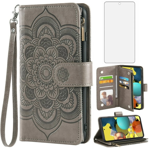 Compatible with Samsung Galaxy A51 5G/A 51 5G UW Verizon Wallet Phone Case and Tempered Glass Screen Protector Flower Faux Leather Flip Credit Card Holder Stand Zipper Cell Cover for 51A Women Grey