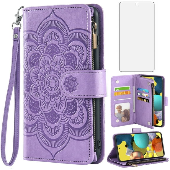 Compatible with Samsung Galaxy A51 5G/A 51 5G UW Verizon Wallet Phone Case and Tempered Glass Screen Protector Flower Faux Leather Flip Credit Card Holder Stand Zipper Cell Cover for 51A Women Purple